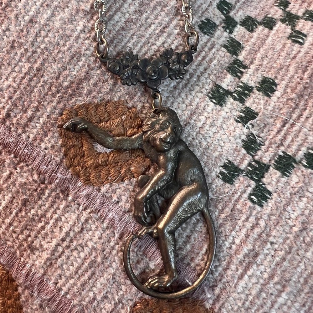 VTG Golden Circus Monkey Pendant Necklace